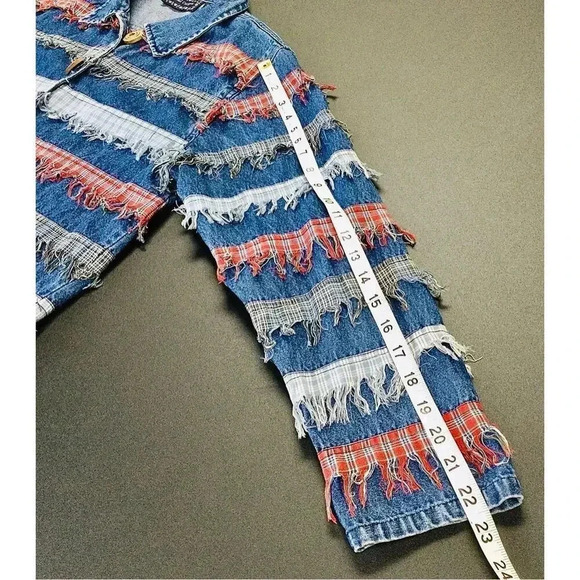Vintage Casual Designs Women’s Blue Fringed Layers Strips Denim Jacket Medium - Picture 8 of 10